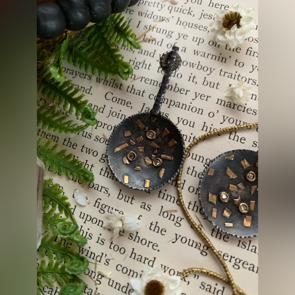 Designer Artisan 18k Gold Diamond Oxidized Sterling Silver Disc Dangle Earrings - Picture 5 of 11